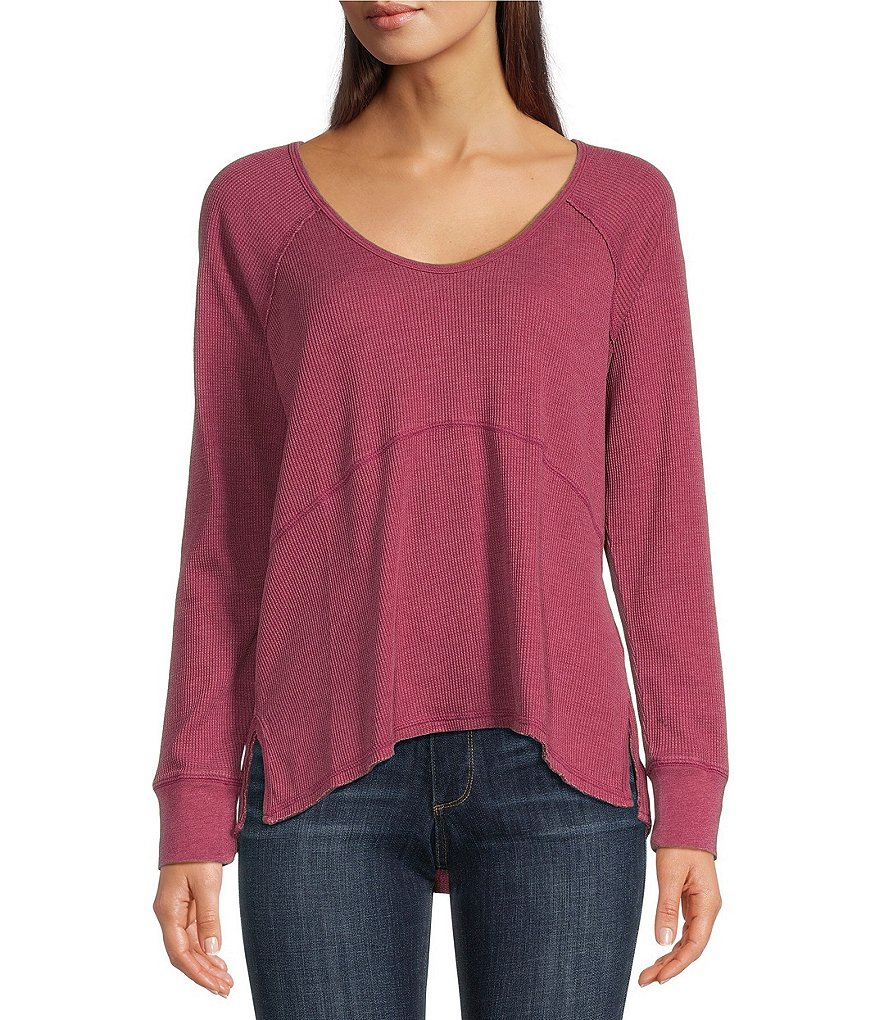 Lucky Brand Waffle Thermal Knit Scoop Neck Long Sleeve High-Low Hem  Oversized Fit Top