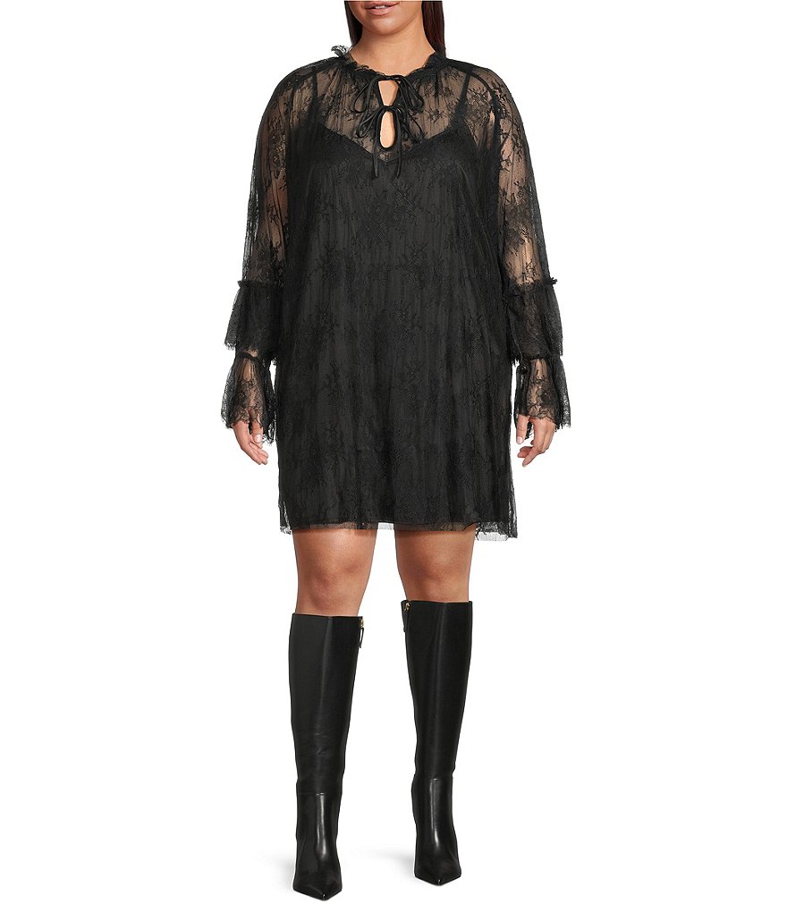 Lucy Paris Plus Size Mika Lace Crew Neck Long Sleeve Mini Shift Dress, Womens, 2X, Black