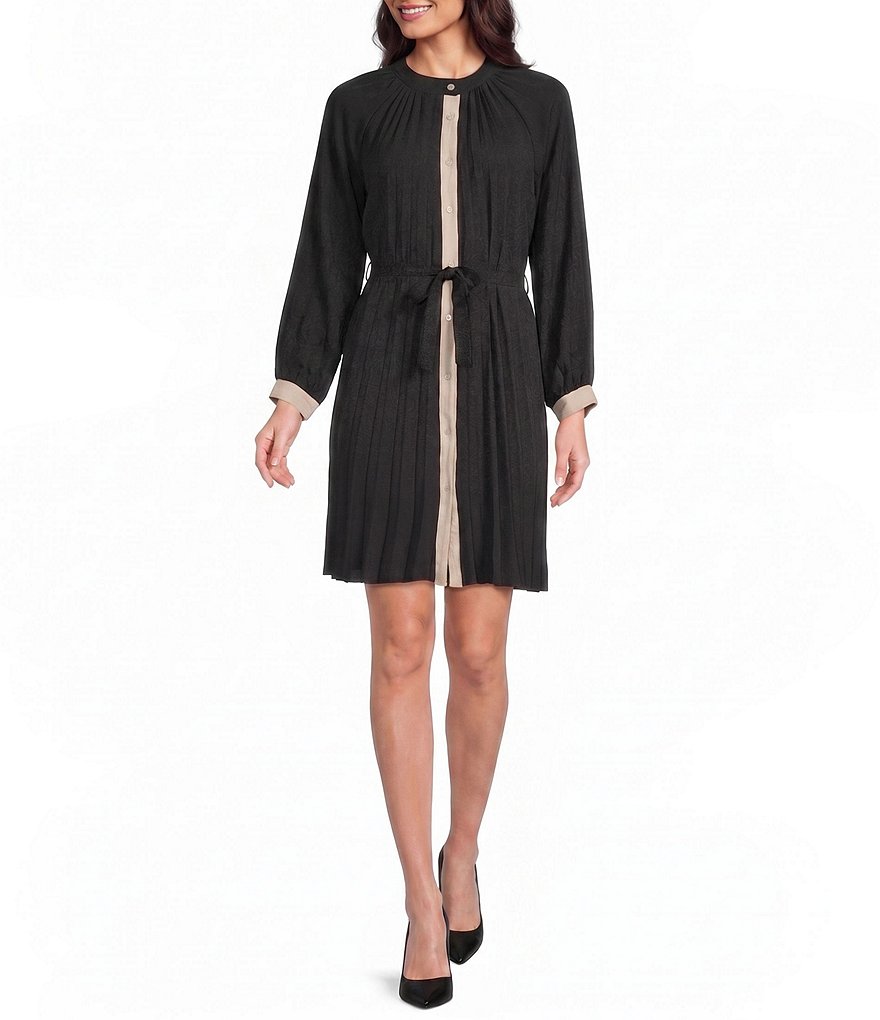 Woven Color Block Stand Collar Long Sleeve Above Knee Length Dress