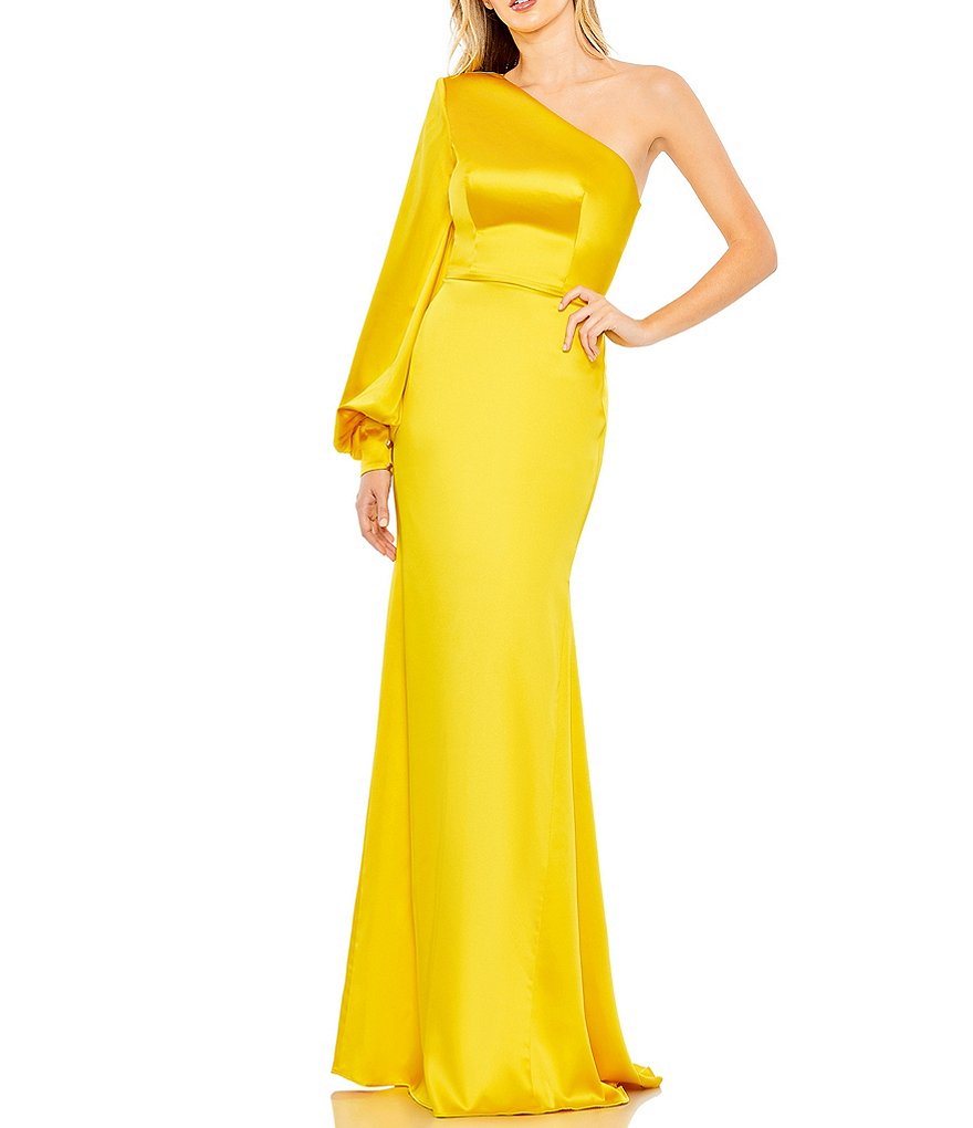 Mac Duggal Asymmetrical Neck One Bishop Sleeve Mermaid Gown | Dillard's