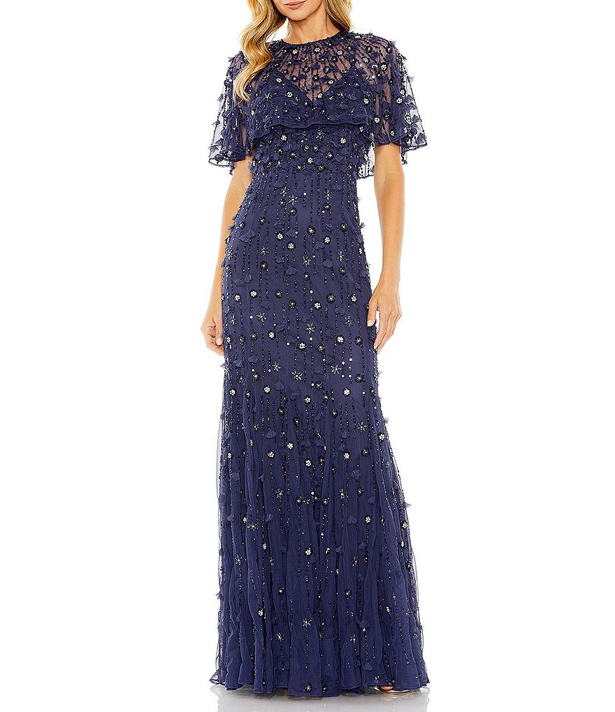 Mac Duggal Beaded Floral Illusion Short Cape Sleeve Sheath Gown | Dillard's