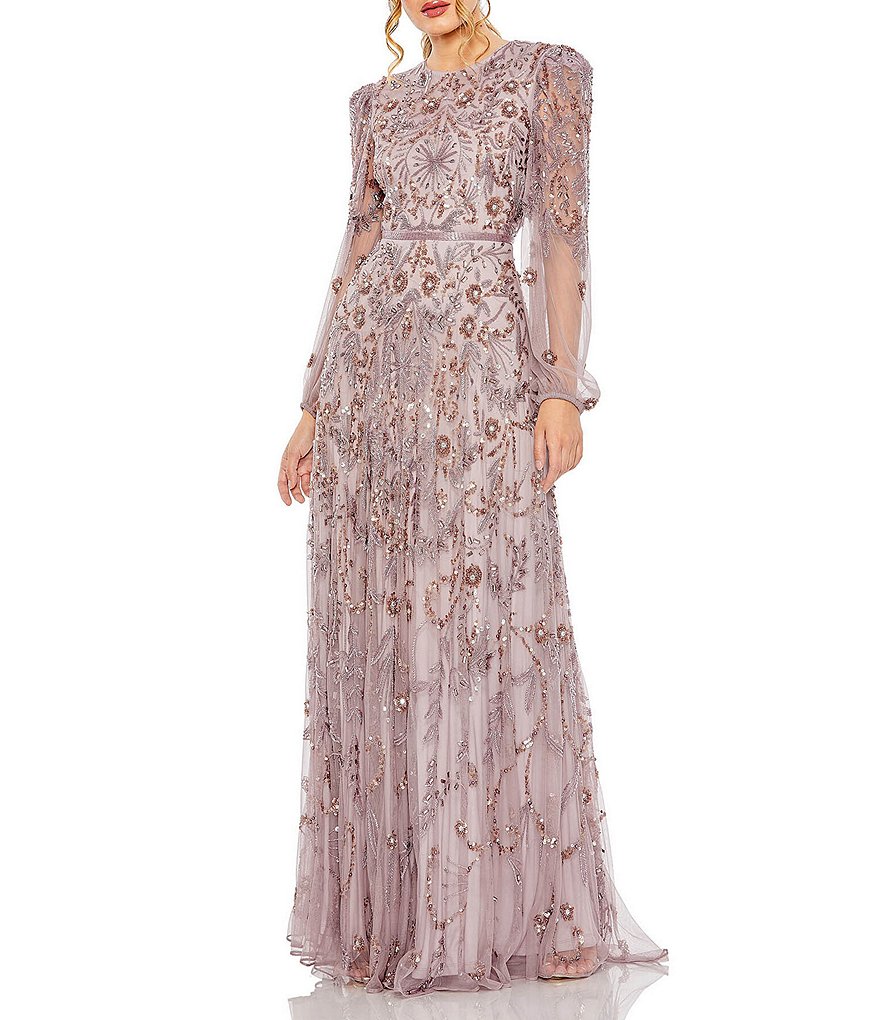 Mac Duggal Beaded Long Illusion Puffed Sleeve A-Line Gown | Dillard's