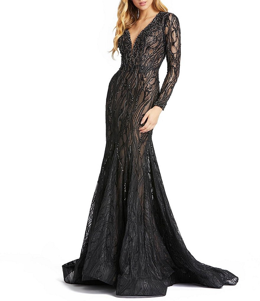 Mac Duggal Beaded Long Sleeve Deep V-Neck Mermaid Gown | Dillard's