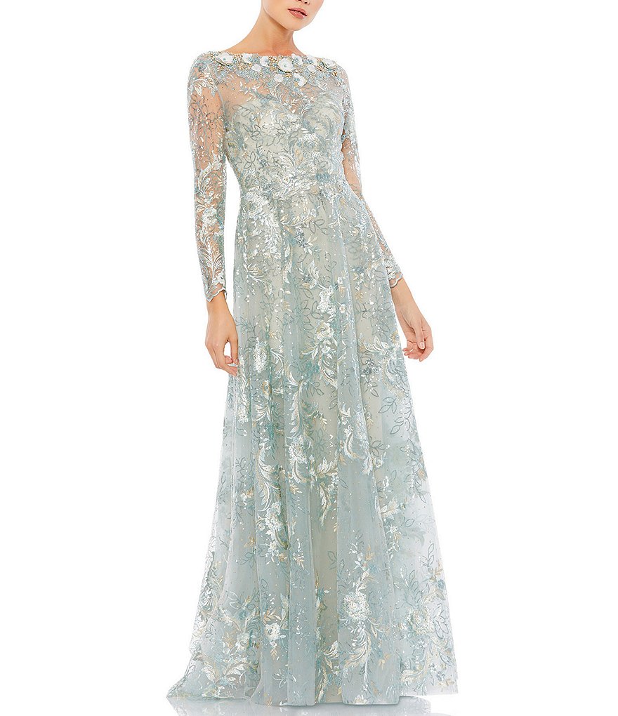 Mac Duggal Boat Neck Long Sheer Sleeve Beaded Floral A-Line Gown ...