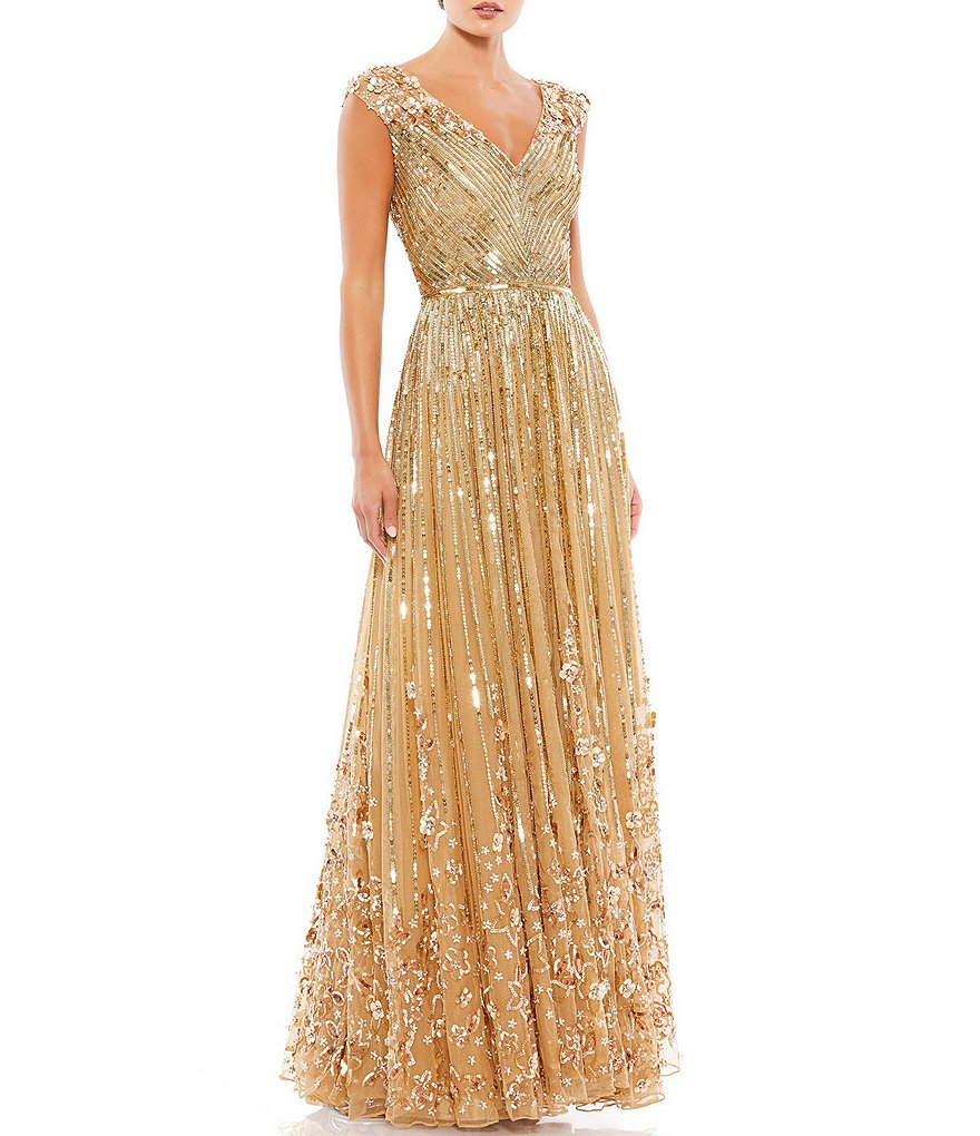 Mac Duggal Cap Sleeve A-Line V-Neck Beaded Gown | Dillard's