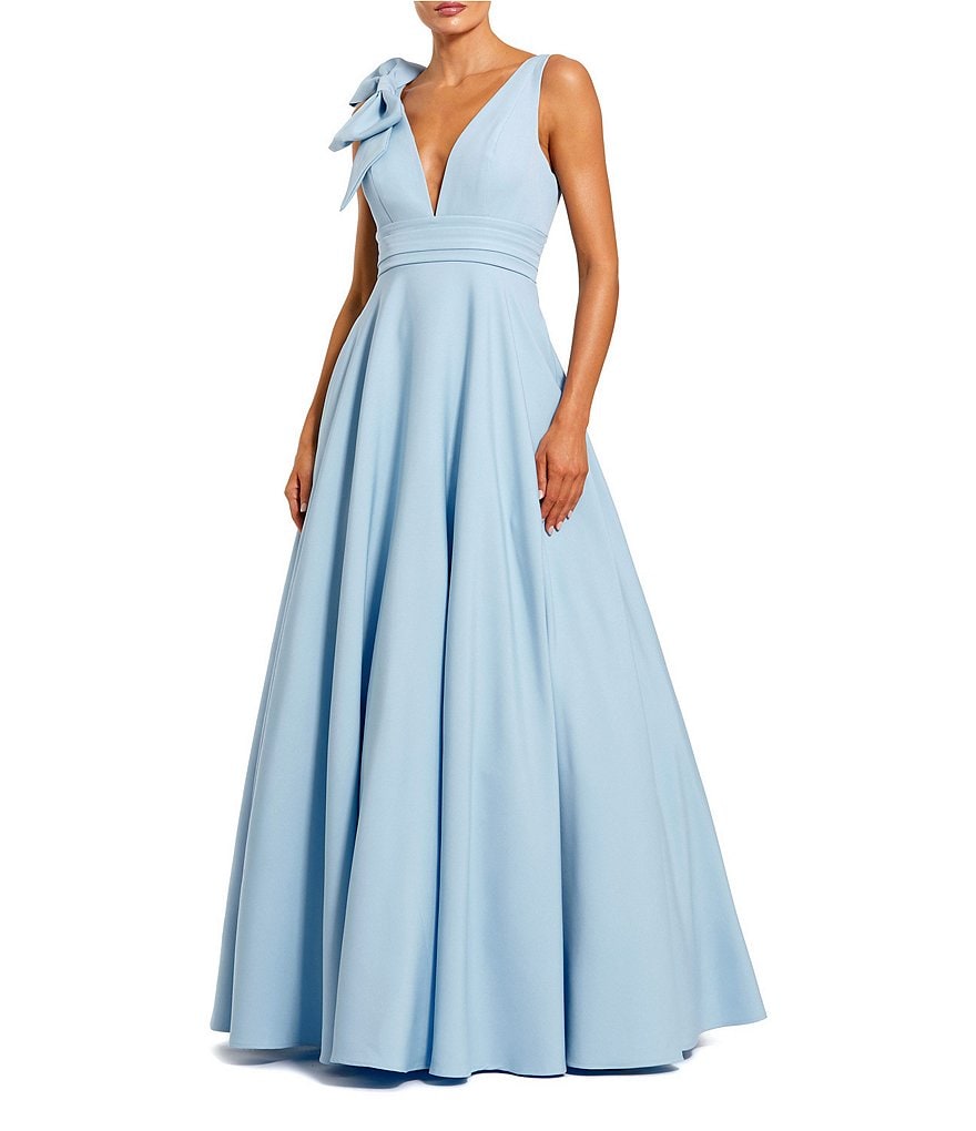 mac duggal bow-strap v-neck crepe fit & flare midi dress Long Mother of the Bride Formal Kaftan Dress Formal Kaftan MOB Mac Dug –  The Dress Outlet main image 1