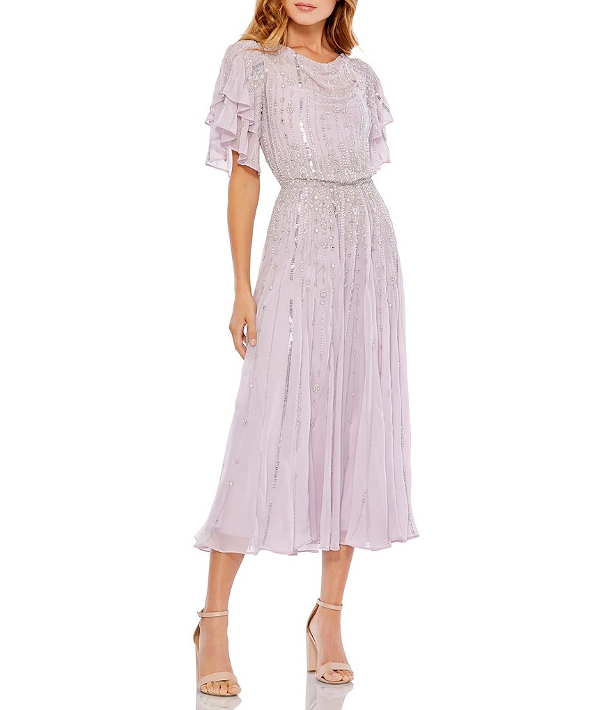 【Mac Duggal】Purple Foldover Jeweled Midi Dress 関税送料込 Mac Duggal Floral Chiffon V-Neck Sleeveless Ruffle Tiered