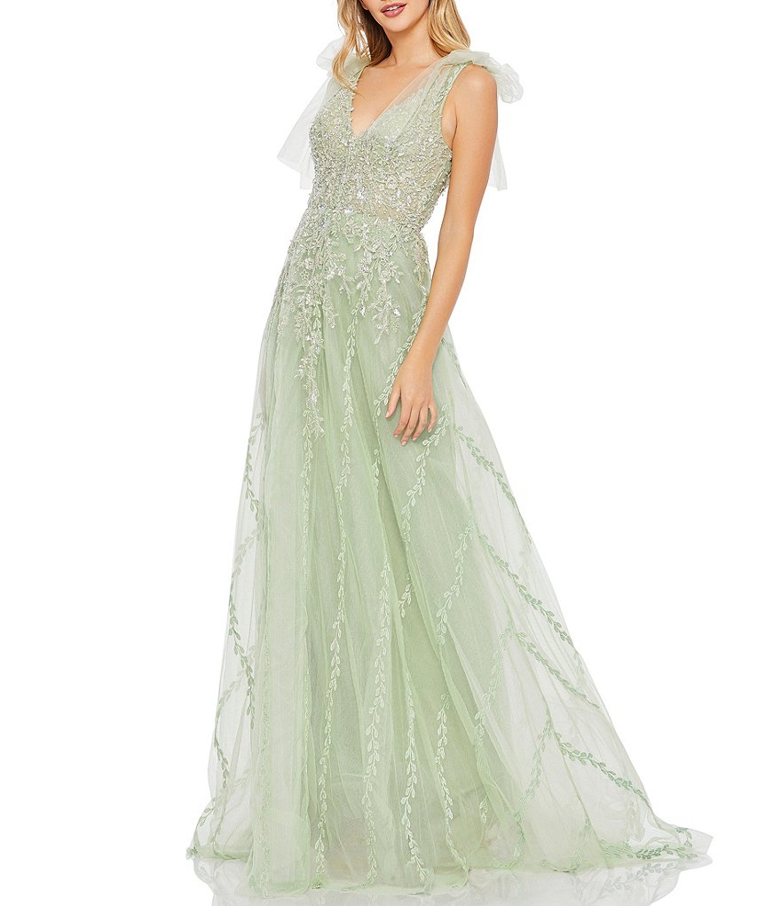 Mac Duggal Embellished Mesh V-Neck Sleeveless Soft Tie Shoulder Gown ...