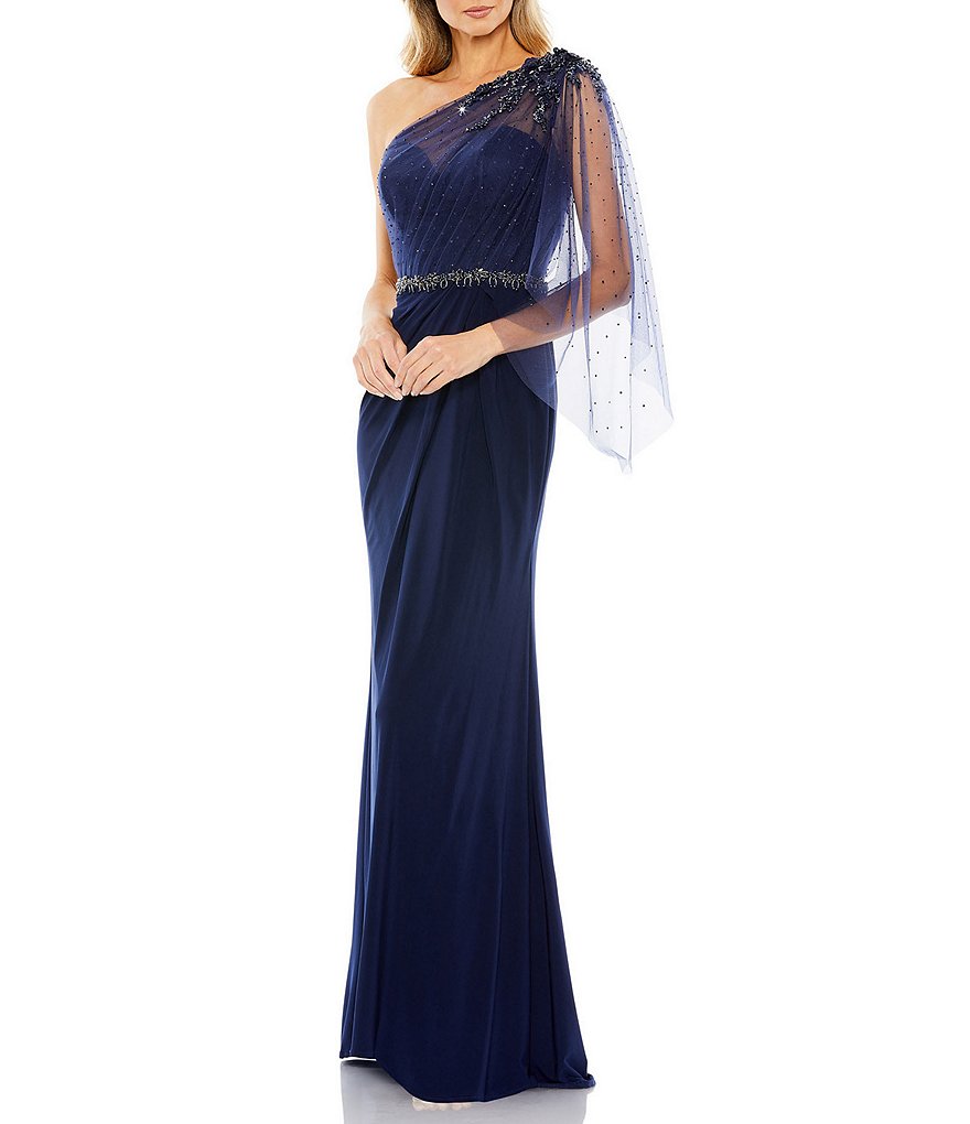 Mac Duggal Embellished One Shoulder Asymmetrical Draped Gown | Dillard's