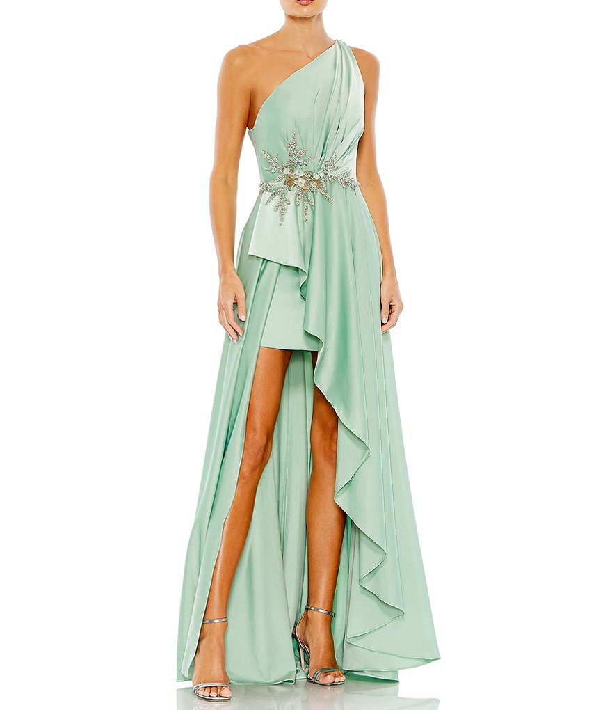 Mac Duggal Embellished Sleeveless One Shoulder Pleated Ruched Cascade  Ruffle Asymmetrical High-Low A-Line Gown