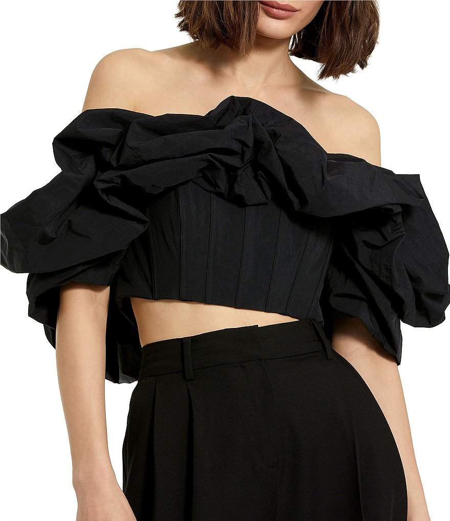 Mac Duggal Faille Ruffle Off-The-Shoulder Short Sleeve Cropped Bustier ...
