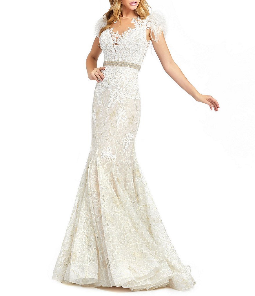 Mac Duggal Feather Cap Sleeve Illusion V-Neck Sheer Back Mermaid Gown ...