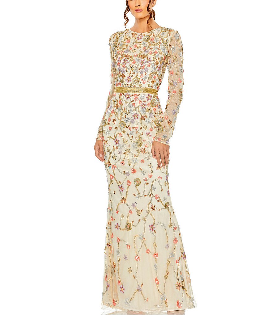 Mac Duggal Floral Beaded Crew Neck Long Sleeve Gown | Dillard's