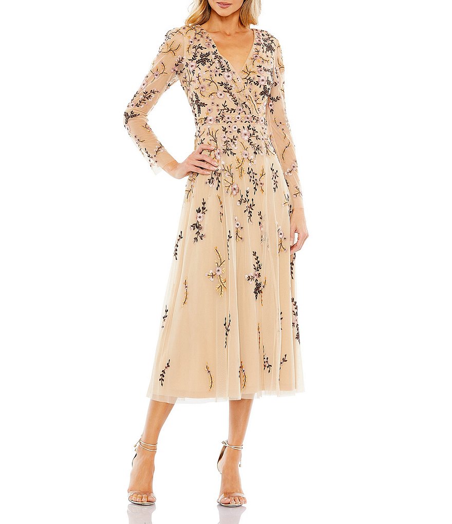 Mac Duggal Floral Print Embroidered Long Sleeve Surplice V Neck A Line Midi Dress Dillards 