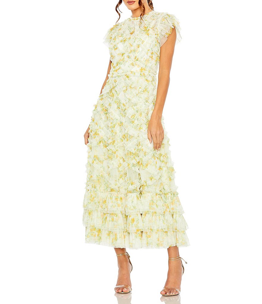 Mac Duggal Floral Print Crew Neck Cap Sleeve Ruffle Embellished Tiered ...