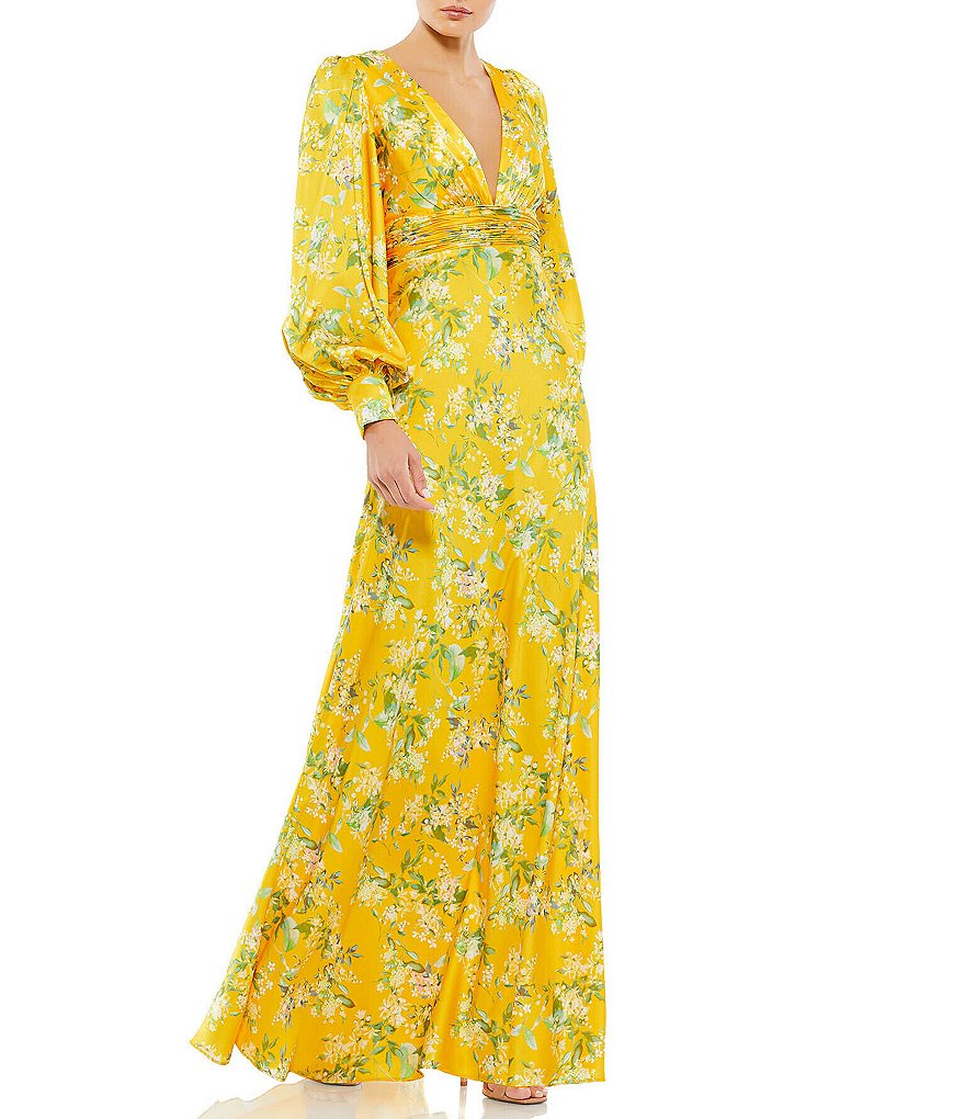Mac Duggal Floral Print Deep V-Neck Long Bishop Sleeve Gown | Dillard's