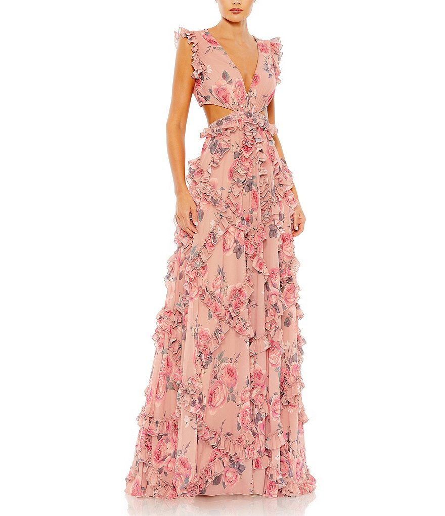 Floral Print Gown Dress with Cap Sleeves