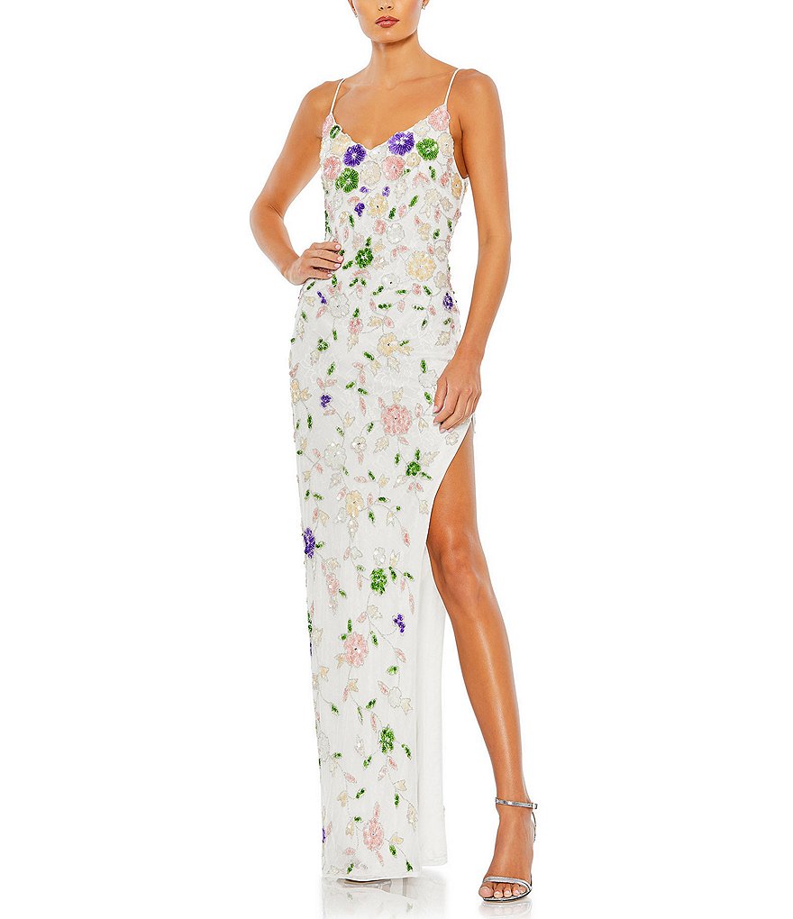 Mac Duggal Floral Sequin Beaded V-Neck Sleeveless Thigh High Slit Gown ...