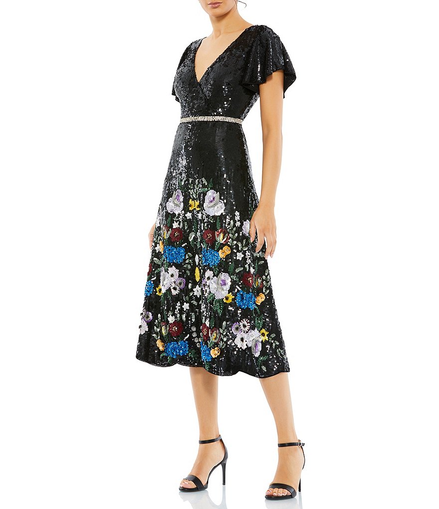 Mac Duggal Floral Sequin Surplice V Neck Short Flutter Sleeve Midi