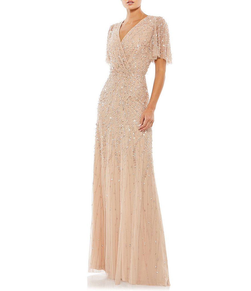 Mac Duggal Flutter Short Sleeve Surplice V-Neck Beaded Sheath Gown |  Dillard's