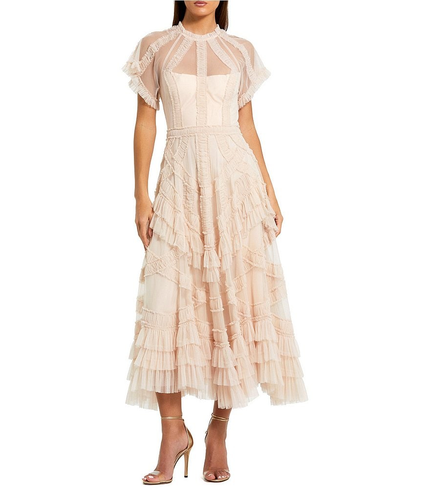 Mac Duggal Flutter Sleeve Mesh Midi Dress With Micro Ruffles | Dillard's