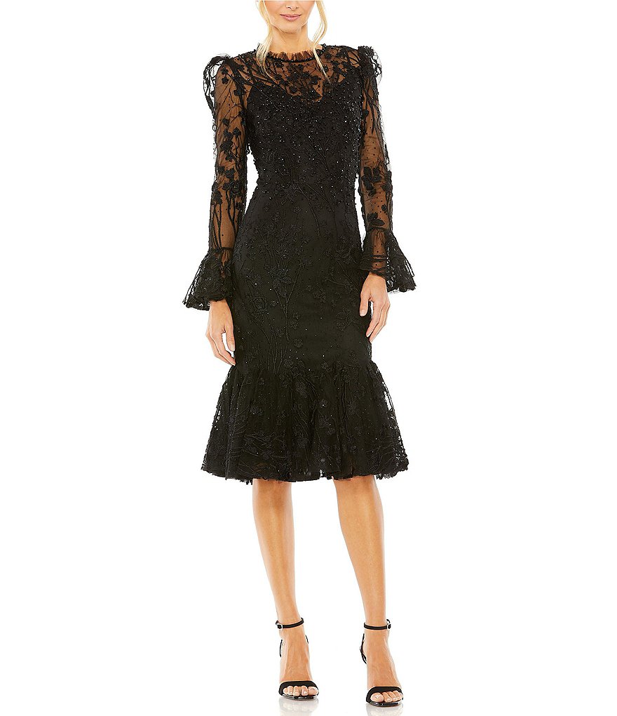 Mac Duggal Lace Illusion Crew Neck Long Sleeve Midi Mermaid Dress