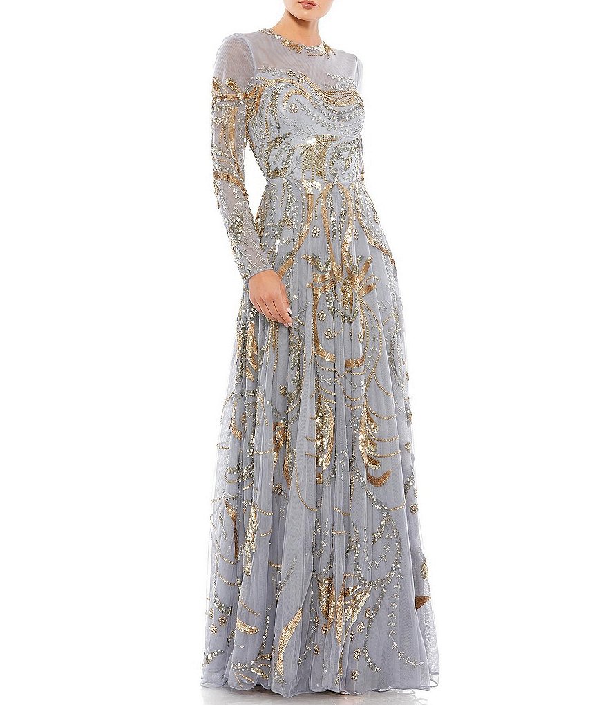 Mac Duggal Long Sleeve A-Line Crew Neck Lined Beaded Gown | Dillard's