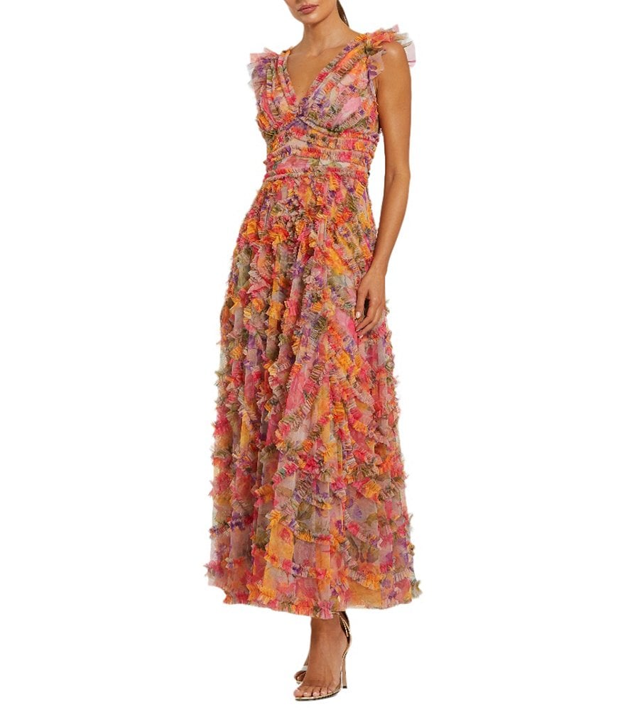 Mac Duggal Mesh Floral Print V-Neck Sleeveless Ruffle A-Line