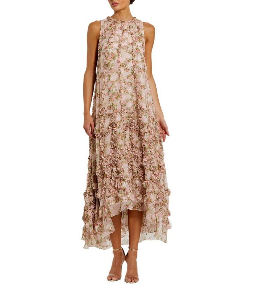 knee length dresses for ladies Ruffled Floral Cut-Out Chiffon Gown by Mac Duggal 67803