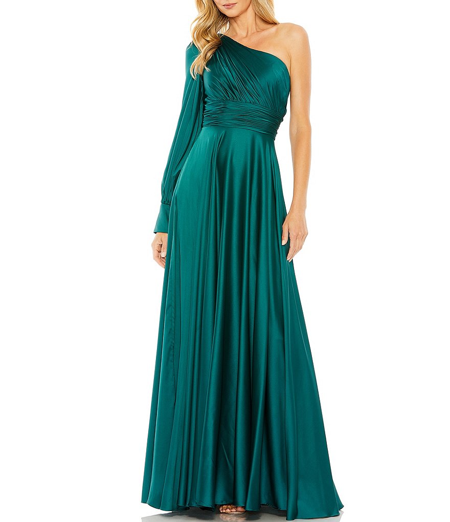 Mac Duggal One Shoulder Bishop Sleeve A-Line Gown | Dillard's