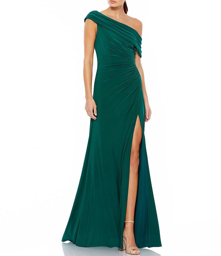 Mac Duggal One Shoulder Cap Sleeve Ruched Thigh High Slit Faux Wrap ...