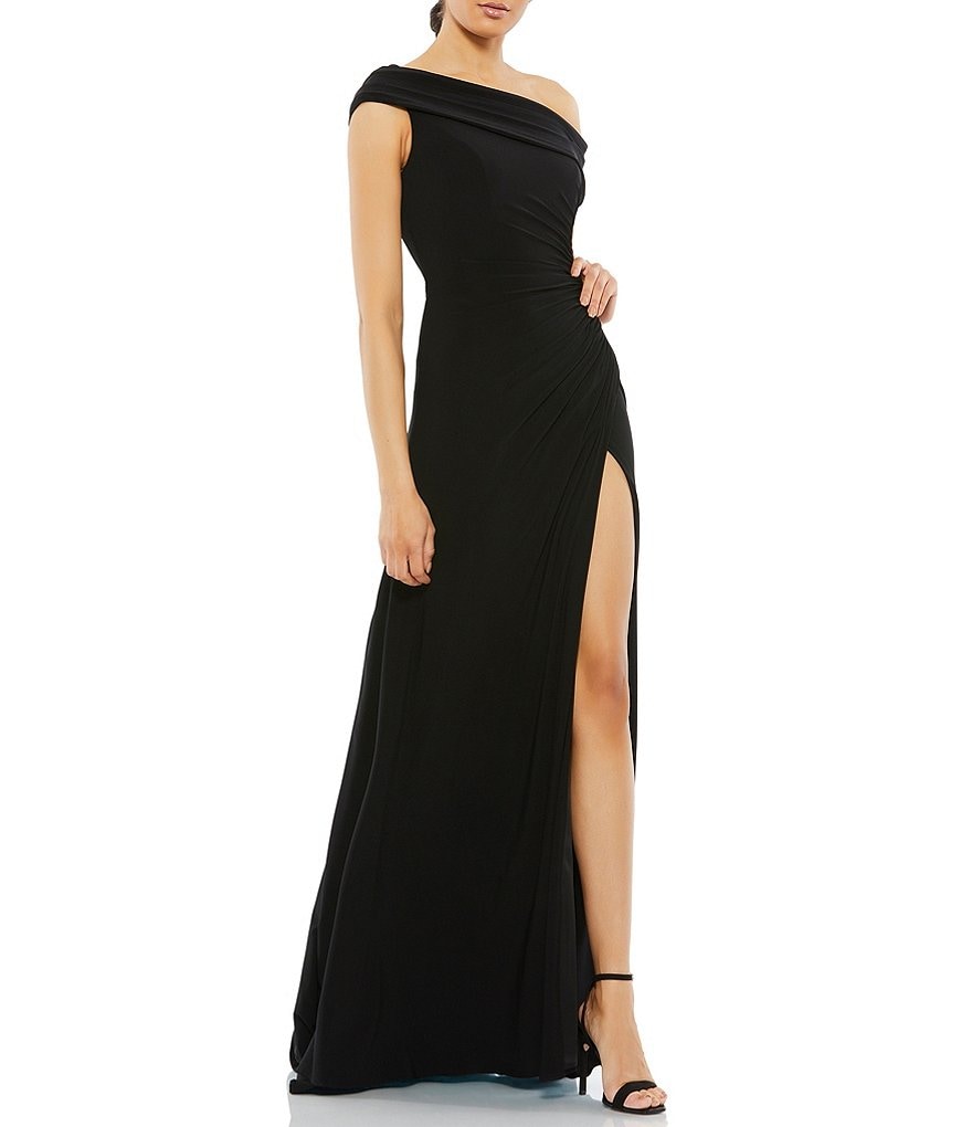Mac Duggal One Shoulder Cap Sleeve Ruched Thigh High Slit Faux Wrap ...