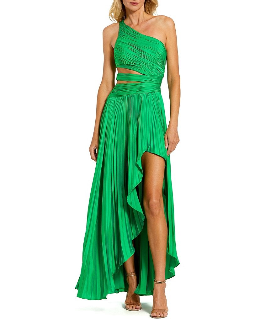 Mac Duggal Pleated Charmeuse One Shoulder Sleeveless Side Cut-Out Front  Slit Gown | Dillard's