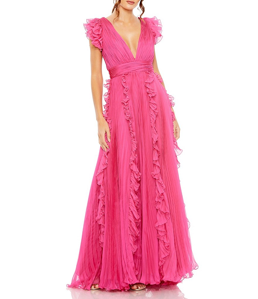 Mac Duggal Pleated Ruffle Cap Sleeve Deep V-Neck Flowy A-Line Gown ...