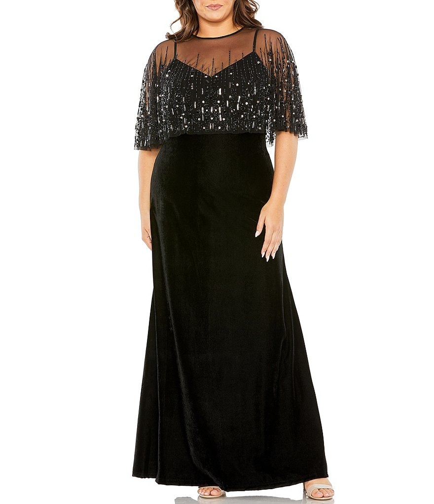 Mac Duggal Plus Size Sleeveless Illusion Neck Embellished Cape Velvet