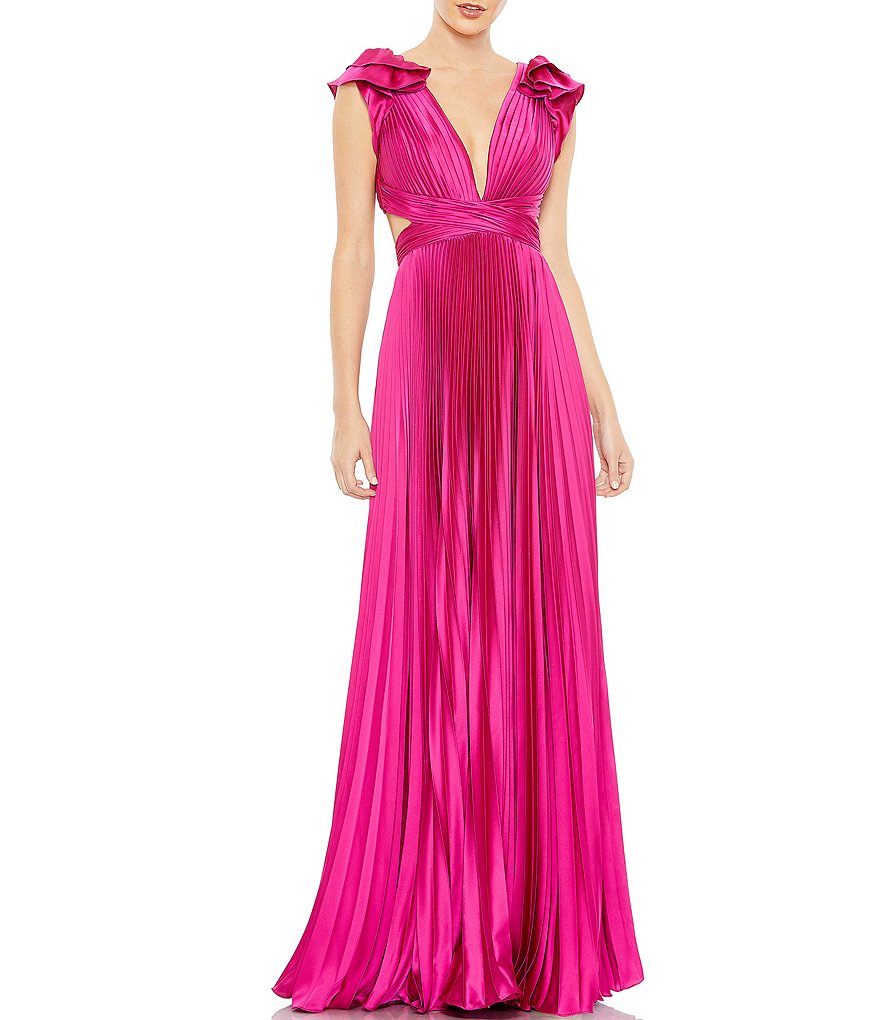 Mac Duggal Ruffled Cap Sleeve Cut Out Pleated Deep V-Neck Strappy