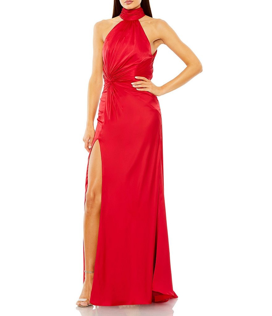 Mac Duggal Satin Halter Mock Neck Sleeveless Side Ruched Gown Dillards 6981