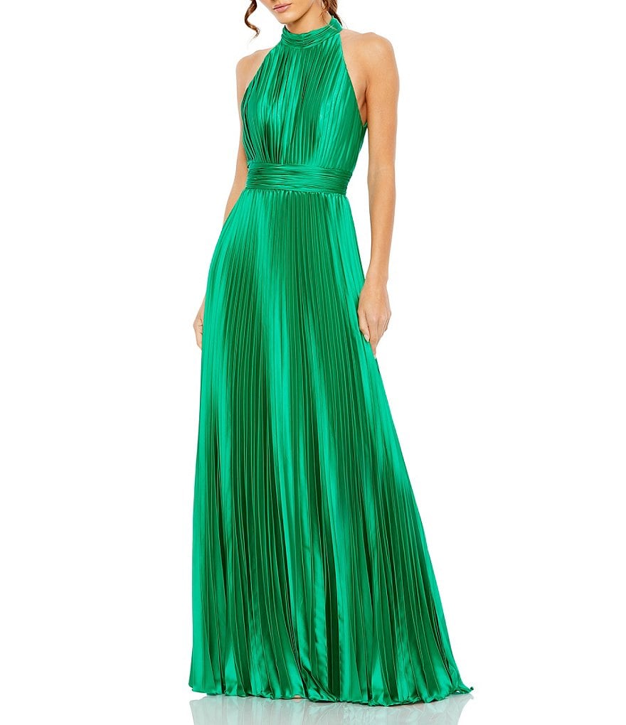 Mac Duggal Satin Pleated Halter Neck Sleeveless A-Line Dress | Dillard's