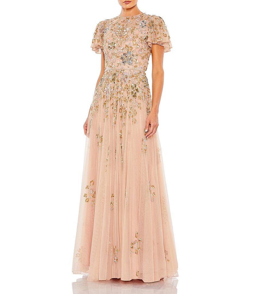 Mac Duggal Sequin Embellished Short Butterfly Sleeve Crew