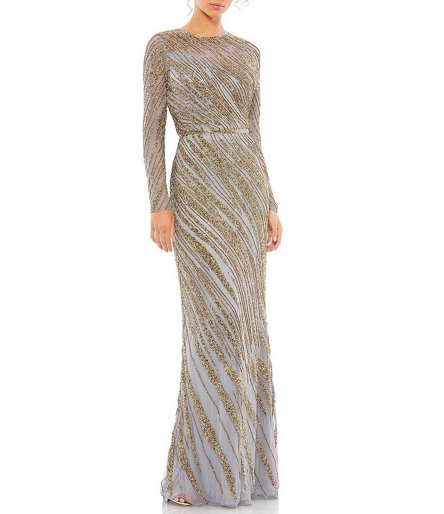 Mac Duggal Sequin Long Sleeve Crew Neck Embellished Sheath Gown | Dillard's