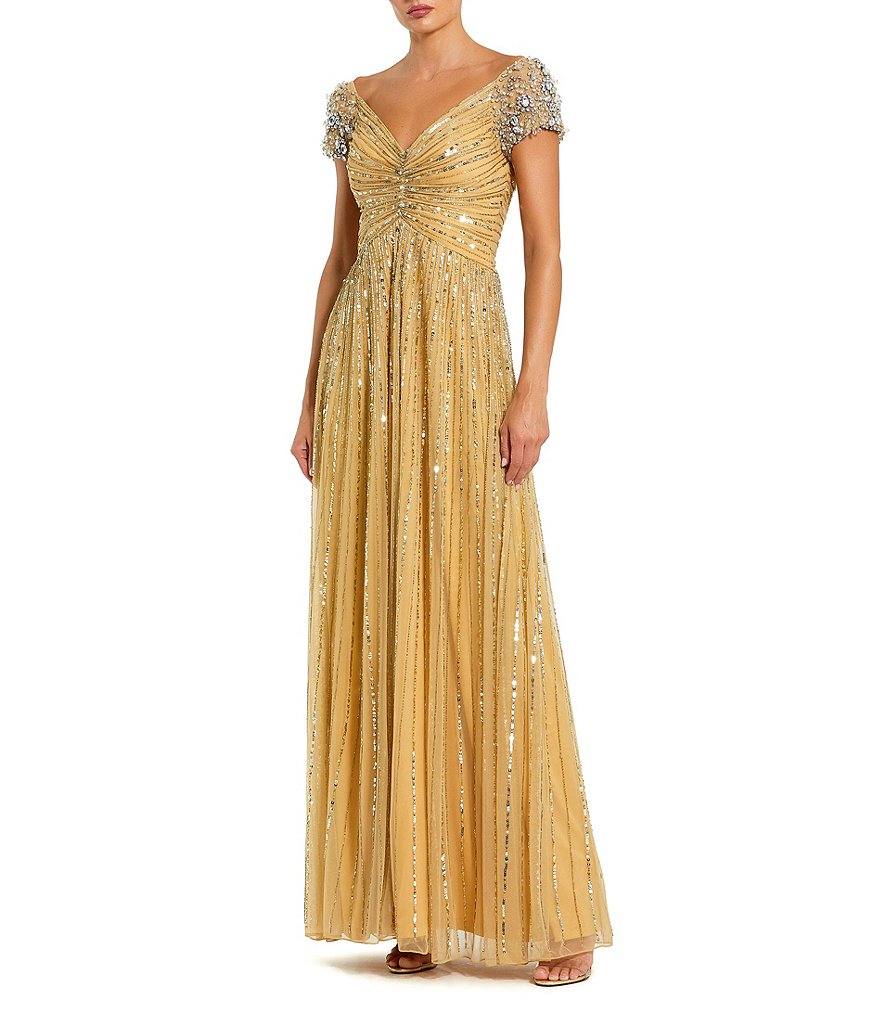 ★Mac Duggal★ Brown ビーズ装飾 Vネック マキシドレス Mac Duggal Metallic Deep V-Neck Long Sleeve Twist Front Slit