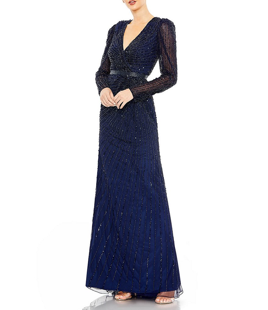 Mac Duggal Sequin Surplice V Neck Long Sleeve Gown Dillards