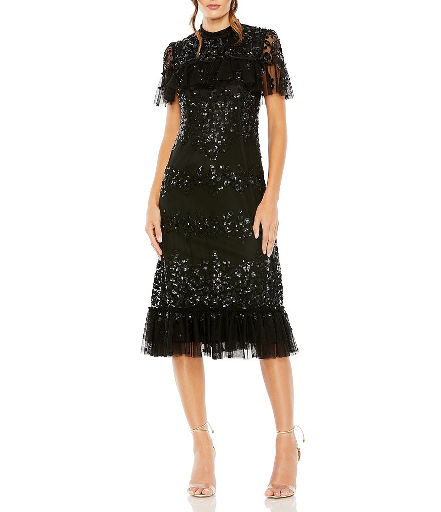 Mac Duggal Short Flutter High Mock Neck Ruffled Sequin Dress | Dillard's