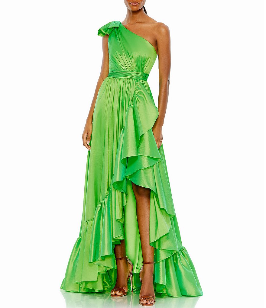 Mac Duggal Sleeveless One Bow Shoulder Asymmetrical Layered Ruffle Hem