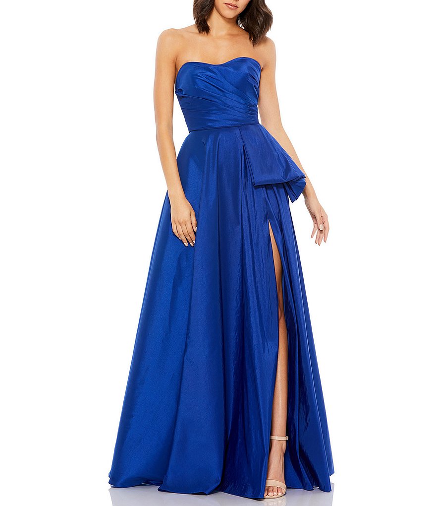 Mac Duggal Strapless Draped Thigh High Side Slit Satin Ball Gown ...