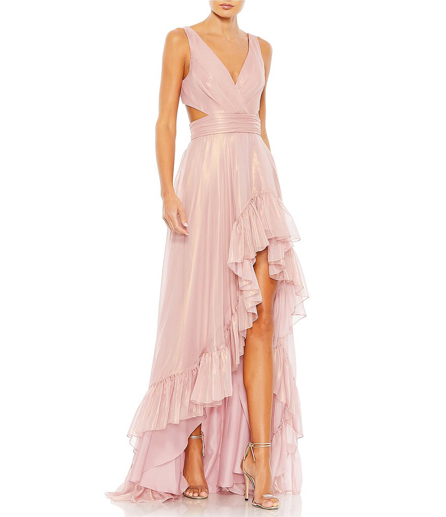 Mac Duggal Surplice V-Neck Sleeveless Cut-Out Tie Back Detail Tiered Ruffle  Hem High-Low Gown