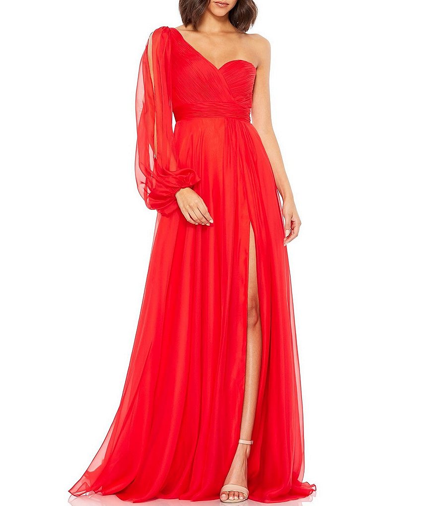 Mac Duggal Sweetheart Neck One Long Puff Sleeve Thigh High Slit Gown ...