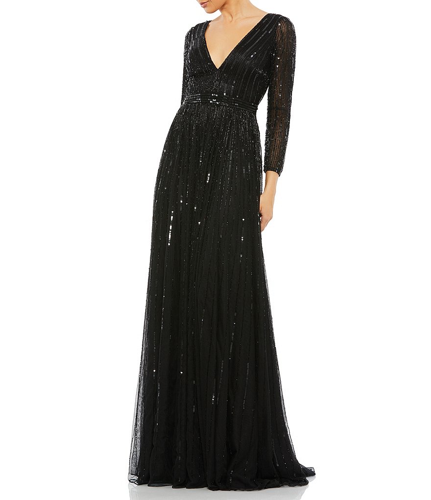 Mac Duggal Long Sleeve V-Neck Sequin A-Line Gown | Dillard's