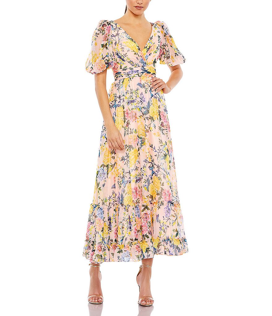 Mac Duggal V-Neck Short Puffed Sleeve Tiered Hem Floral Print Dress ...