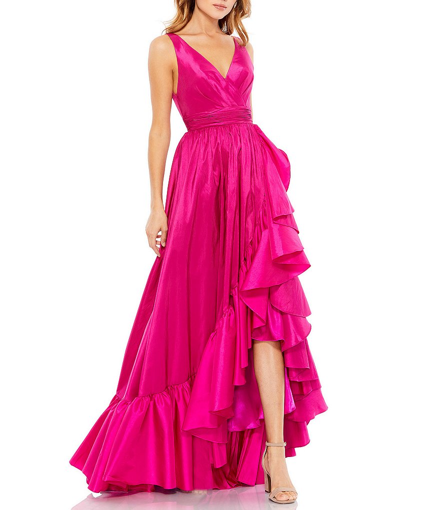 Mac Duggal Surplice V-Neck Sleeveless Ruffle Slit High-Low Tiered ...